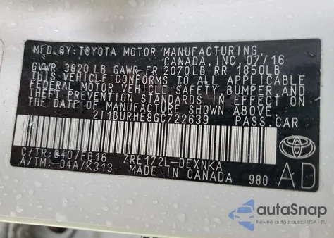 2016 Toyota Corolla L из США, поврежденный, VIN 2T1BURHE8GC722639